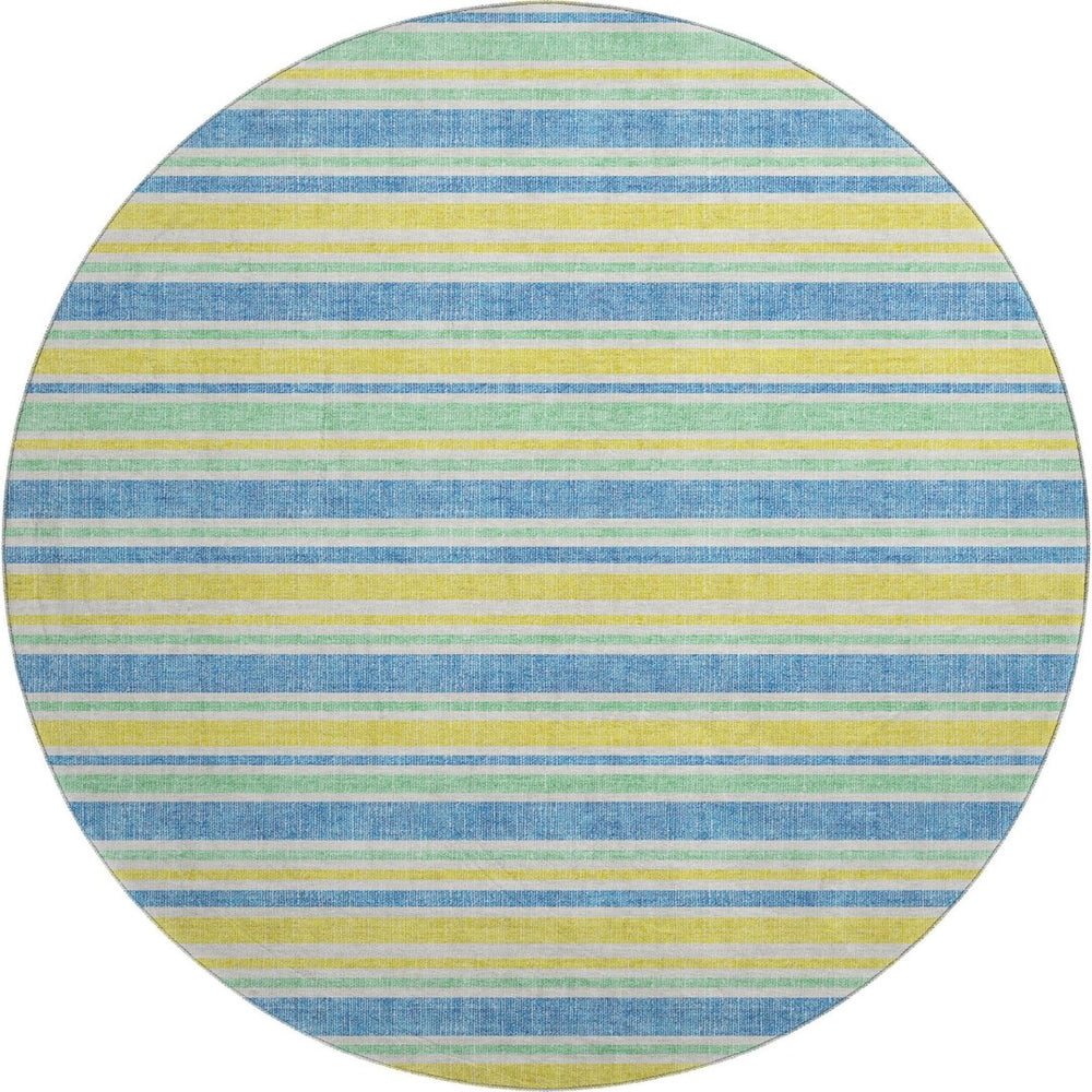 HomeRoots 8' Yellow And Blue Striped Washable Round Rug - Durable, Stain-Resistant, UV Protected for Homes 647893