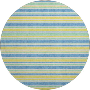 HomeRoots 8' Yellow And Blue Striped Washable Round Rug - Durable, Stain-Resistant, UV Protected for Homes 647893