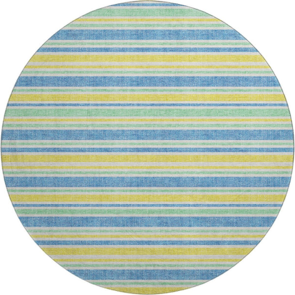 HomeRoots 8' Yellow And Blue Striped Washable Round Rug - Durable, Stain-Resistant, UV Protected for Homes 647893