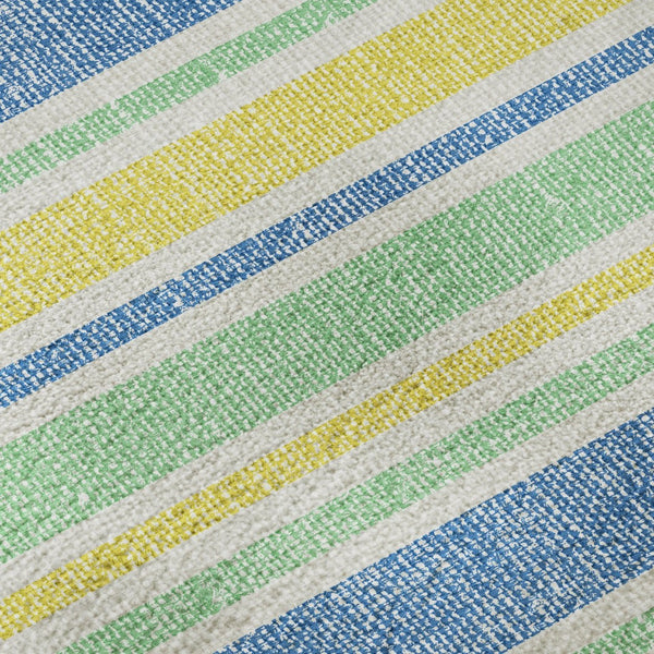 HomeRoots 8' Yellow And Blue Striped Washable Round Rug - Durable, Stain-Resistant, UV Protected for Homes 647893