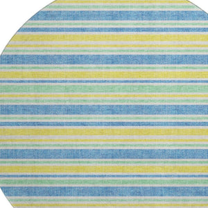 HomeRoots 8' Yellow And Blue Striped Washable Round Rug - Durable, Stain-Resistant, UV Protected for Homes 647893