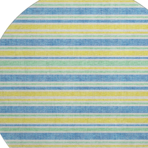HomeRoots 8' Yellow And Blue Striped Washable Round Rug - Durable, Stain-Resistant, UV Protected for Homes 647893