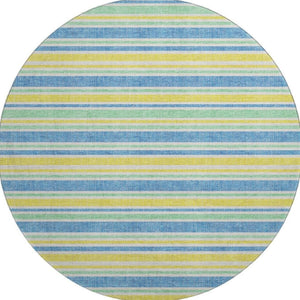HomeRoots 8' Yellow And Blue Striped Washable Round Rug - Durable, Stain-Resistant, UV Protected for Homes 647893
