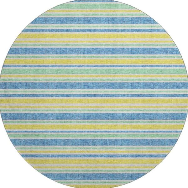 HomeRoots 8' Yellow And Blue Striped Washable Round Rug - Durable, Stain-Resistant, UV Protected for Homes 647893