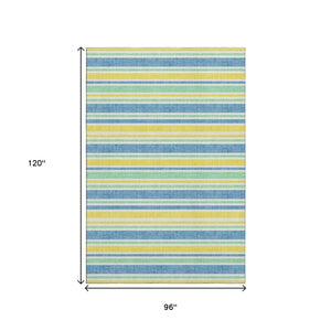 HomeRoots 8' X 10' Washable Yellow & Blue Striped Area Rug – UV Protected, Stain Resistant & Ideal for Any Space 647894