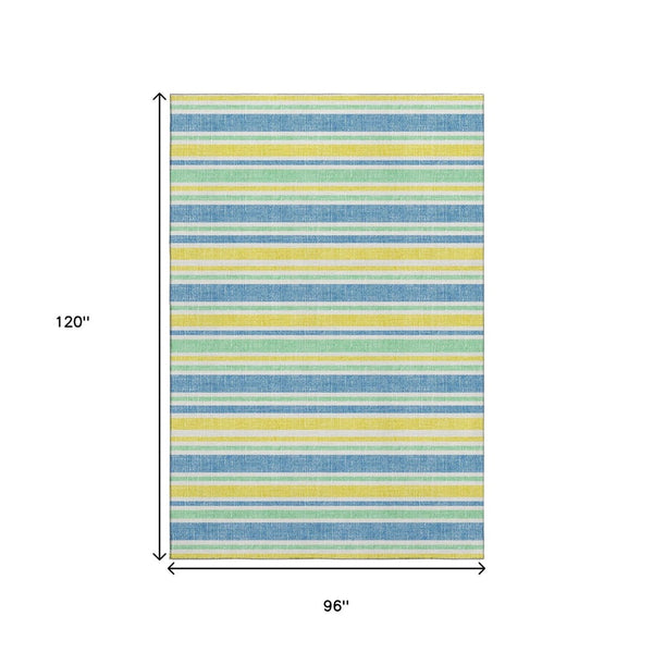 HomeRoots 8' X 10' Washable Yellow & Blue Striped Area Rug – UV Protected, Stain Resistant & Ideal for Any Space 647894
