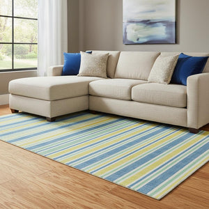 HomeRoots 8' X 10' Washable Yellow & Blue Striped Area Rug – UV Protected, Stain Resistant & Ideal for Any Space 647894