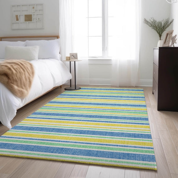 HomeRoots 8' X 10' Washable Yellow & Blue Striped Area Rug – UV Protected, Stain Resistant & Ideal for Any Space 647894