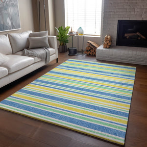 HomeRoots 8' X 10' Washable Yellow & Blue Striped Area Rug – UV Protected, Stain Resistant & Ideal for Any Space 647894