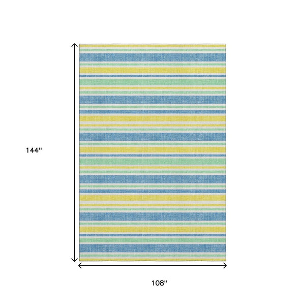 HomeRoots 9' X 12' Striped Yellow & Blue Washable Area Rug with UV Protection for Stylish Indoor & Outdoor Use 647895