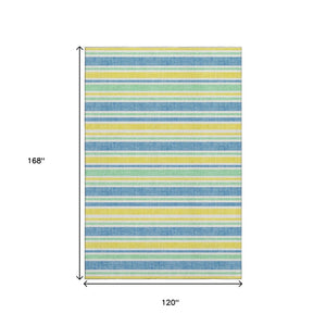 HomeRoots 10' X 14' Vibrant Yellow & Blue Striped Washable Area Rug with UV Protection for Busy Spaces 647896