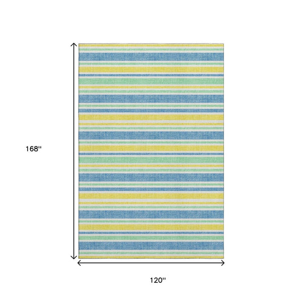 HomeRoots 10' X 14' Vibrant Yellow & Blue Striped Washable Area Rug with UV Protection for Busy Spaces 647896