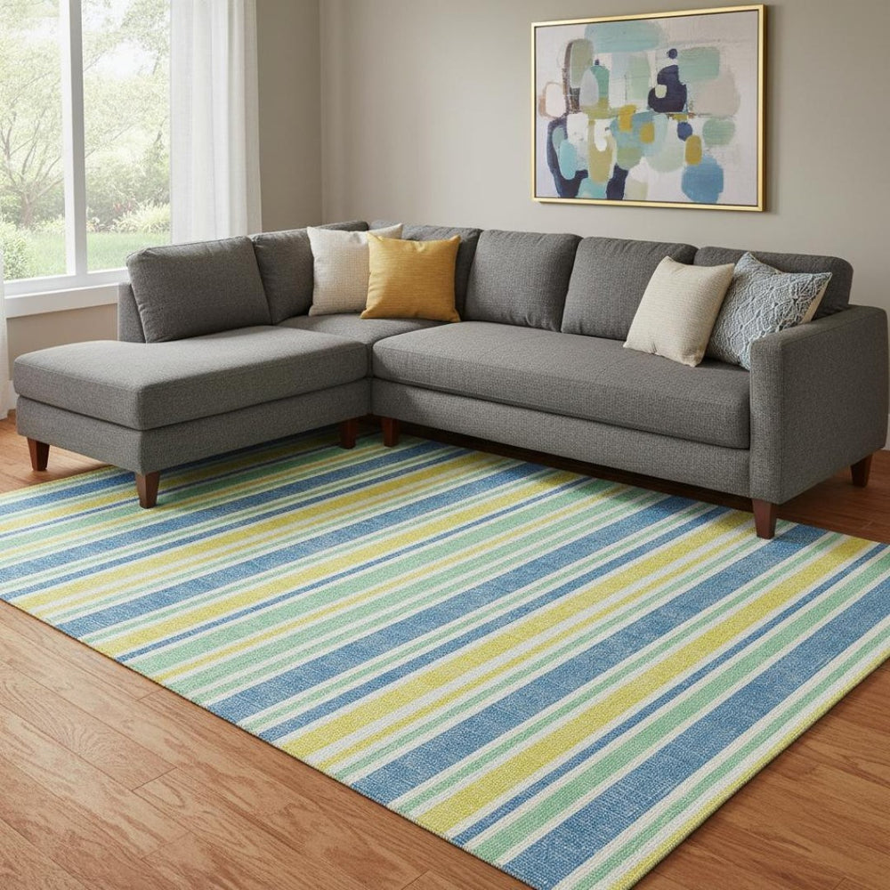 HomeRoots 10' X 14' Vibrant Yellow & Blue Striped Washable Area Rug with UV Protection for Busy Spaces 647896