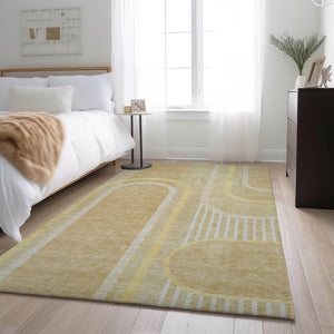 HomeRoots 5' X 8' Beige And Gold Geometric Area Rug - Washable, UV-Protected, Modern Style for Any Room 647898