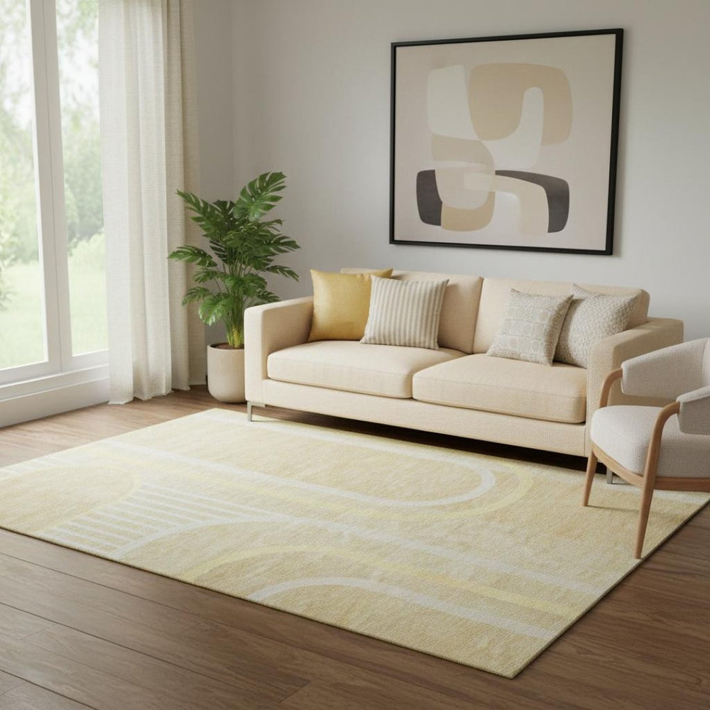HomeRoots 5' X 8' Beige And Gold Geometric Area Rug - Washable, UV-Protected, Modern Style for Any Room 647898
