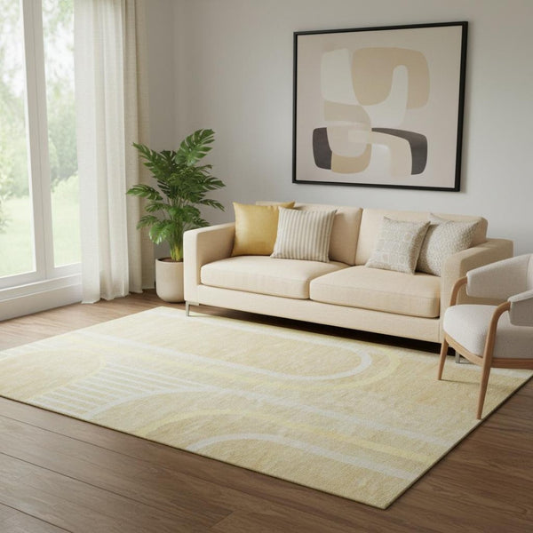 HomeRoots 5' X 8' Beige And Gold Geometric Area Rug - Washable, UV-Protected, Modern Style for Any Room 647898
