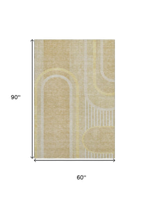 HomeRoots 5' X 8' Beige And Gold Geometric Area Rug - Washable, UV-Protected, Modern Style for Any Room 647898