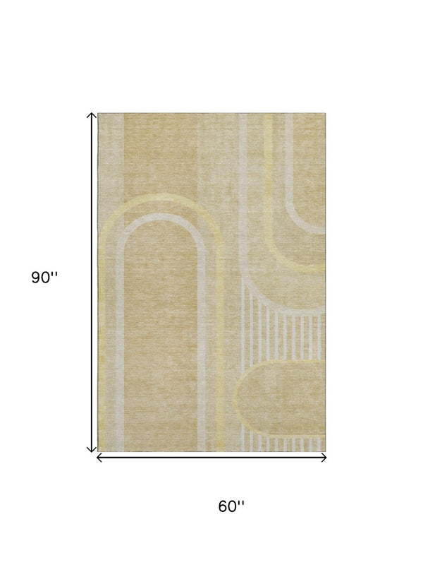 HomeRoots 5' X 8' Beige And Gold Geometric Area Rug - Washable, UV-Protected, Modern Style for Any Room 647898