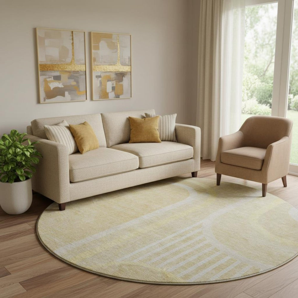 HomeRoots 8' Beige and Gold Geometric Round Rug – Washable, UV-Protected, Durable Design for Modern Homes 647899