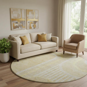 HomeRoots 8' Beige and Gold Geometric Round Rug – Washable, UV-Protected, Durable Design for Modern Homes 647899