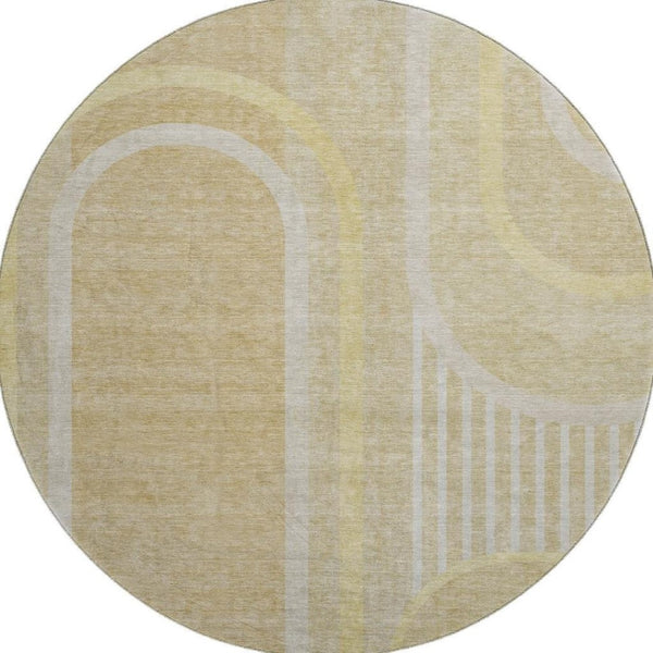 HomeRoots 8' Beige and Gold Geometric Round Rug – Washable, UV-Protected, Durable Design for Modern Homes 647899