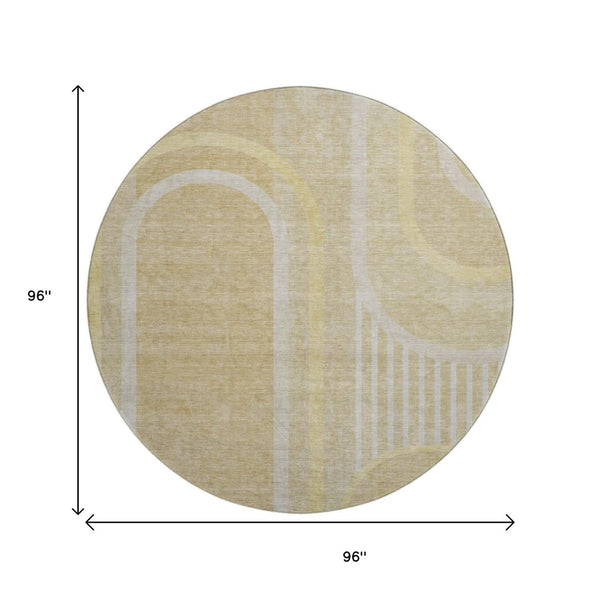 HomeRoots 8' Beige and Gold Geometric Round Rug – Washable, UV-Protected, Durable Design for Modern Homes 647899