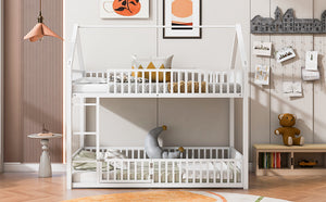 English Elm Metal Twin over Twin House Bunk Bed with Playful Roof, Sturdy Metal Frame, Quiet Support for Kids White N709P214091K