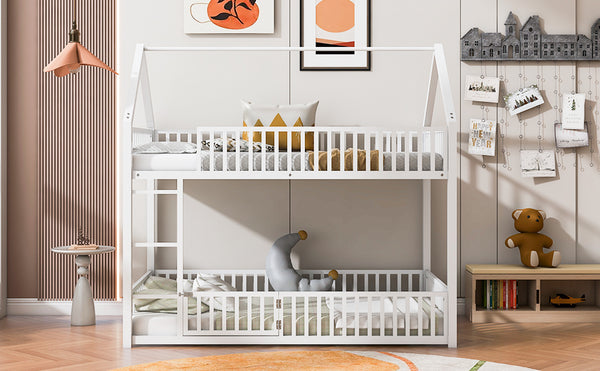 English Elm Metal Twin over Twin House Bunk Bed with Playful Roof, Sturdy Metal Frame, Quiet Support for Kids White N709P214091K