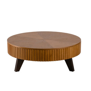 English Elm 39.37" Round Retro Coffee Table Solid Wood Legs Lower Shelf Natural Living Room W757P370275