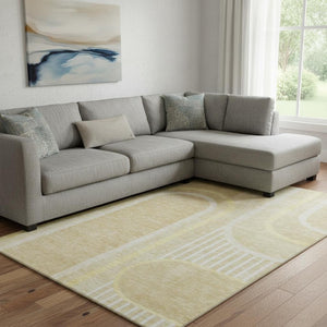 HomeRoots 8' X 10' Beige and Gold Geometric Area Rug - Washable, Stain-Resistant, UV Protected for Modern Spaces 647900