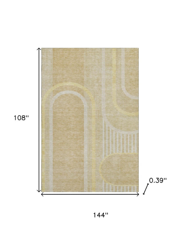 HomeRoots 9' X 12' Beige and Gold Geometric Area Rug - Washable, UV Protected, Stylish & Durable for Any Room 647901