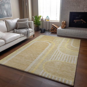 HomeRoots 9' X 12' Beige and Gold Geometric Area Rug - Washable, UV Protected, Stylish & Durable for Any Room 647901