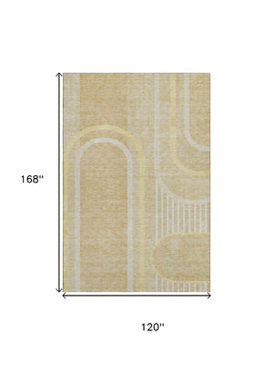 HomeRoots 10' Beige and Gold Geometric Area Rug - Washable, UV Protected, Stain Resistant for High-Traffic Spaces 647902