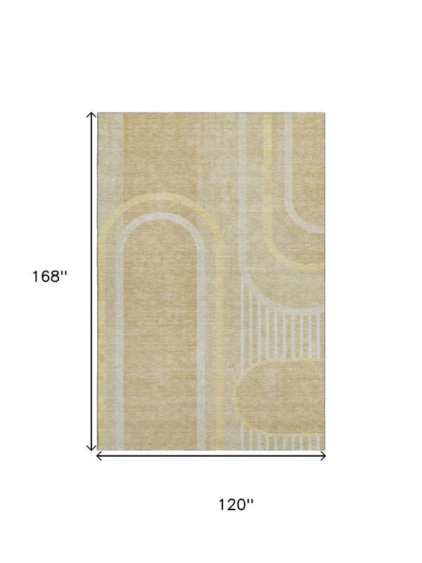 HomeRoots 10' Beige and Gold Geometric Area Rug - Washable, UV Protected, Stain Resistant for High-Traffic Spaces 647902