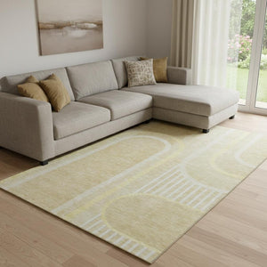 HomeRoots 10' Beige and Gold Geometric Area Rug - Washable, UV Protected, Stain Resistant for High-Traffic Spaces 647902