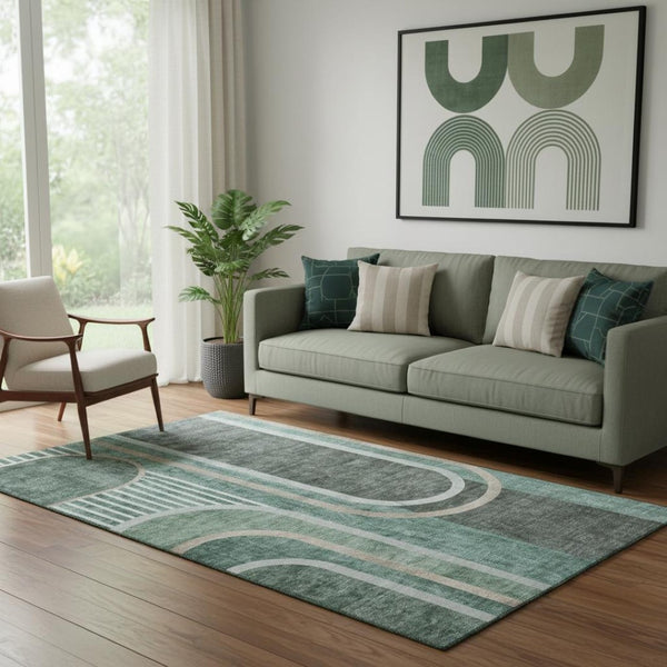 HomeRoots 5' X 8' Emerald & Gray Geometric Washable Area Rug - Durable, UV Resistant, Perfect for High-Traffic Spaces 647904