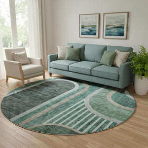 HomeRoots 8' Emerald and Gray Geometric Round Rug - Washable, Durable, UV-Protected for Modern Spaces 647905