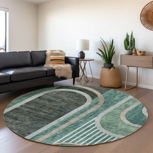 HomeRoots 8' Emerald and Gray Geometric Round Rug - Washable, Durable, UV-Protected for Modern Spaces 647905