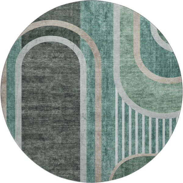 HomeRoots 8' Emerald and Gray Geometric Round Rug - Washable, Durable, UV-Protected for Modern Spaces 647905