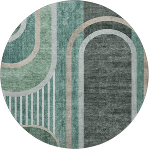 HomeRoots 8' Emerald and Gray Geometric Round Rug - Washable, Durable, UV-Protected for Modern Spaces 647905