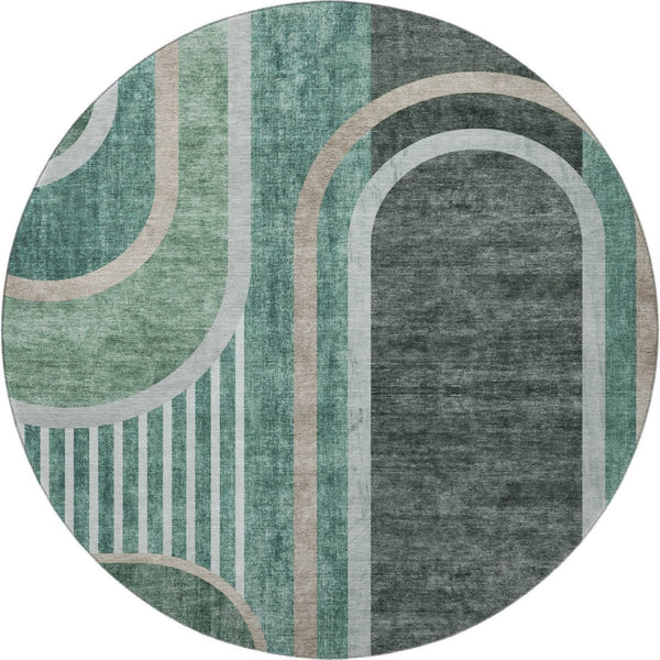HomeRoots 8' Emerald and Gray Geometric Round Rug - Washable, Durable, UV-Protected for Modern Spaces 647905