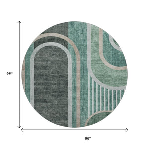 HomeRoots 8' Emerald and Gray Geometric Round Rug - Washable, Durable, UV-Protected for Modern Spaces 647905