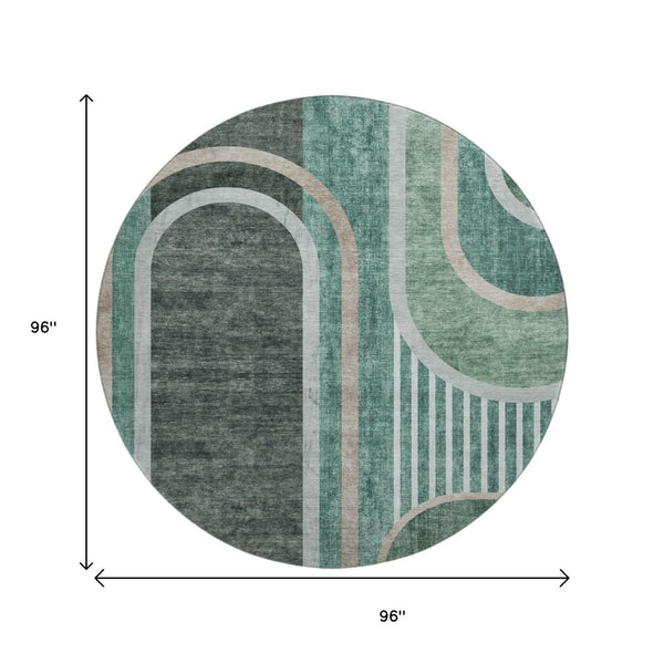 HomeRoots 8' Emerald and Gray Geometric Round Rug - Washable, Durable, UV-Protected for Modern Spaces 647905