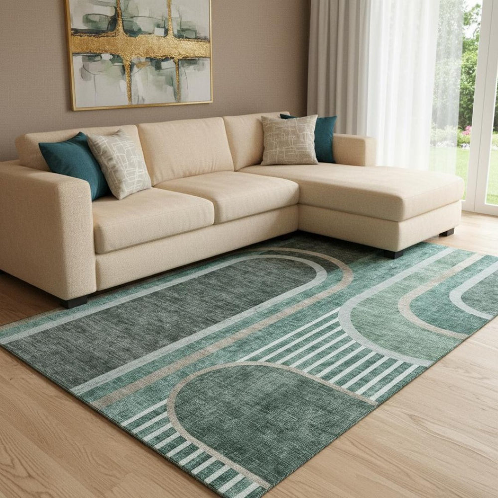 HomeRoots 8' X 10' Durable Emerald & Gray Geometric Area Rug – Washable, UV-Protected, Pet-Friendly Design! 647906