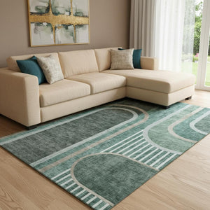 HomeRoots 8' X 10' Durable Emerald & Gray Geometric Area Rug – Washable, UV-Protected, Pet-Friendly Design! 647906