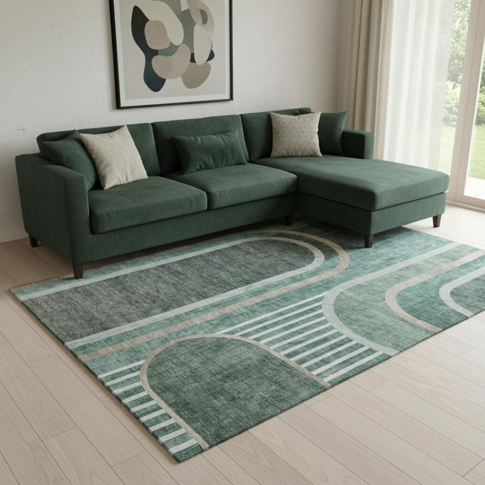 HomeRoots 9' X 12' Emerald & Gray Geometric Washable Area Rug - Stain-Resistant, UV-Protected for Modern Homes 647907