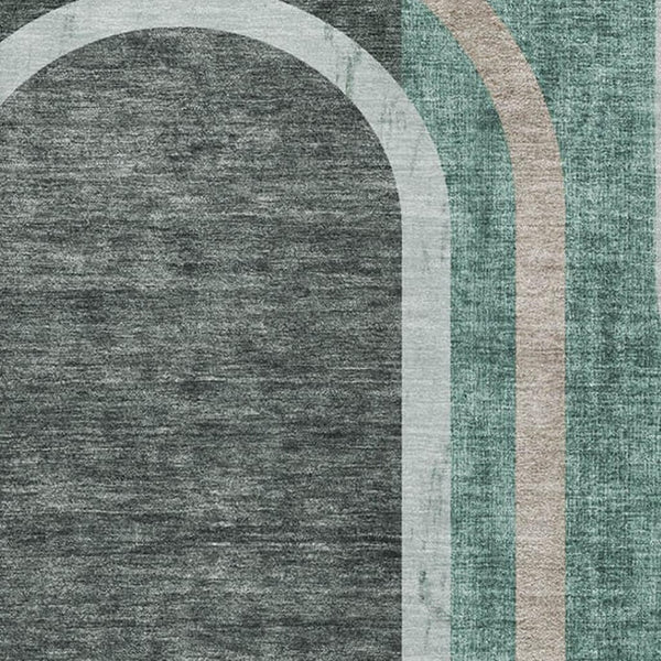 HomeRoots 9' X 12' Emerald & Gray Geometric Washable Area Rug - Stain-Resistant, UV-Protected for Modern Homes 647907