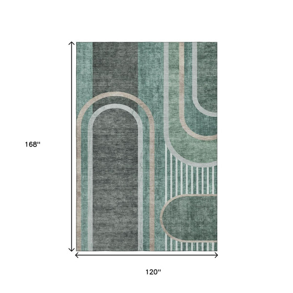 HomeRoots 10' Geometric Emerald and Gray Washable Area Rug with UV Protection for Stylish Living Spaces 647908