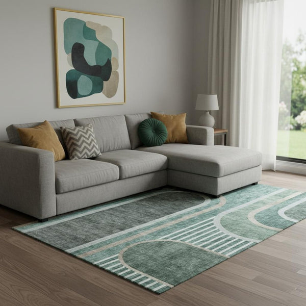 HomeRoots 10' Geometric Emerald and Gray Washable Area Rug with UV Protection for Stylish Living Spaces 647908