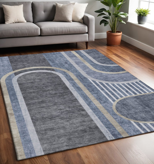 HomeRoots 5' X 8' Navy Blue and Khaki Geometric Area Rug – Washable, UV Protected, Modern Design for Any Space 647910